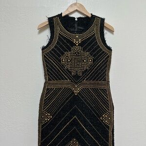 Balmain Black Mini Boucle Tweed Dress with Gold Stud Embellishment
